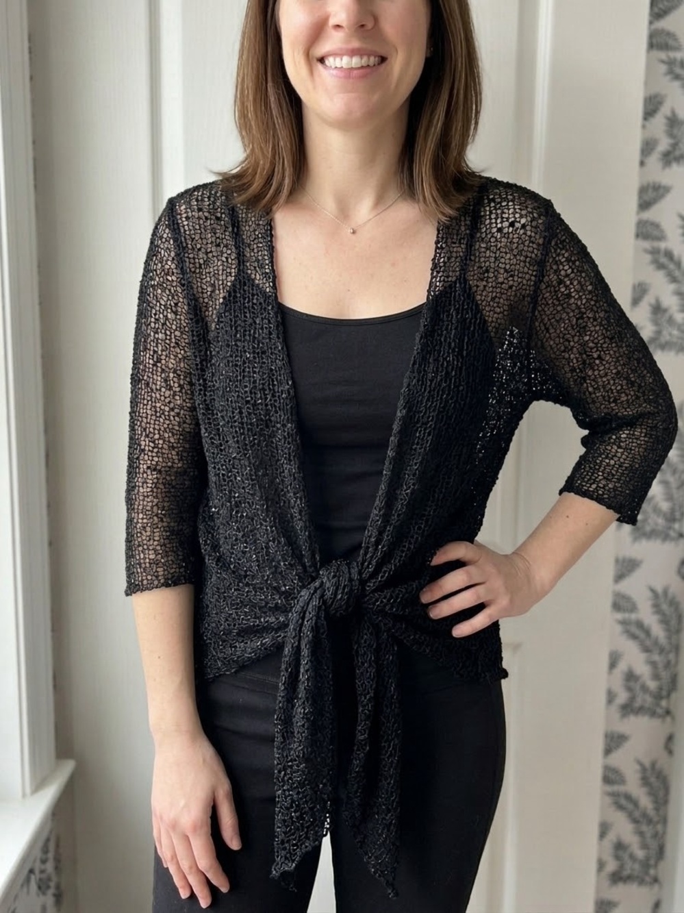 Charlie Paige Black Sheer Open-Front Waterfall Cardigan